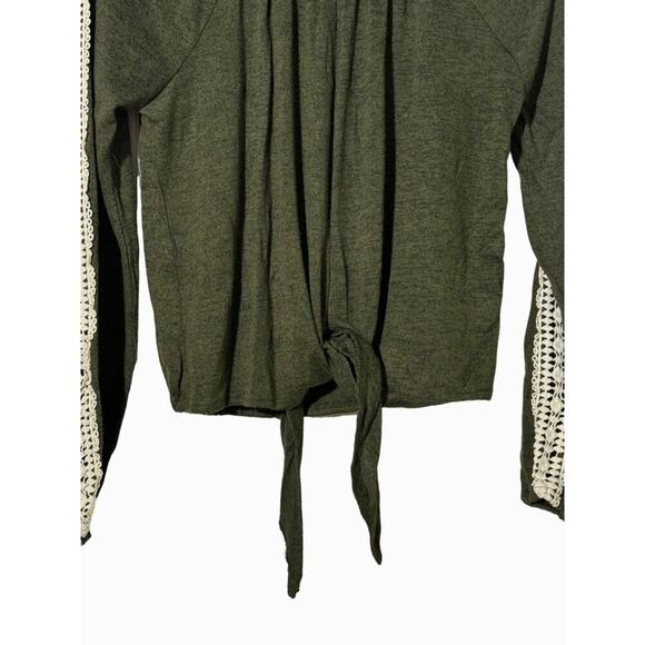 Paper + Tee Women’s Size Small Olive Green Crochet Long Sleeve Front Tie Top - Picture 10 of 11